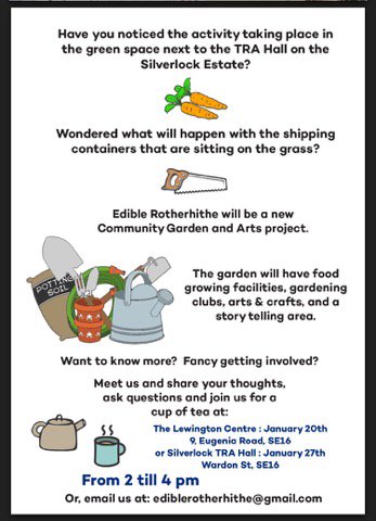 EdibleSE16's tweet photo. Get your #FridayFeeling come along meet the team and find out more, tomorrow 2-4 pm SilverlocK TRA hall Warndon St SE16. @ProjectToodio @lb_southwark @WorgInfo @southwarkMG @CWmasterplan @RotherhitheLoc @southlondonpres @se16 #FoodGrowing #Arts #woodworking #community https://t.co/genMPi8X7l