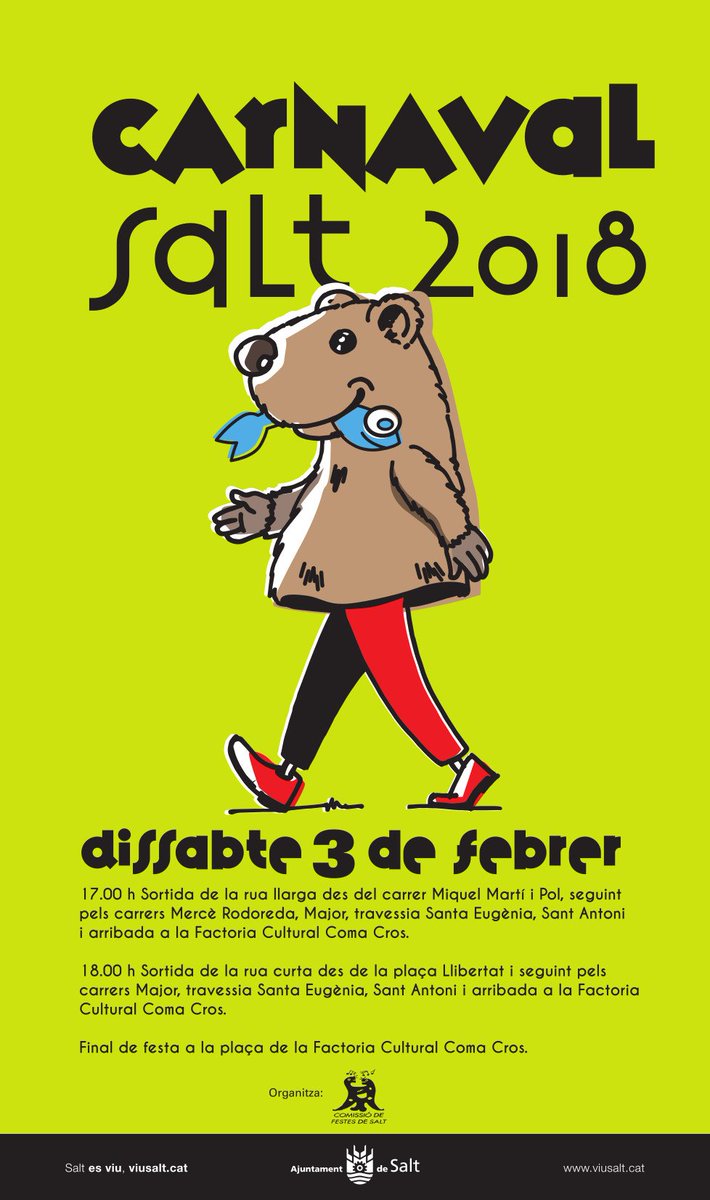 cfestessalt's tweet photo. Aquest dissabte tindrem la Rua de Carnaval a partir de les 17 h amb: @kinbedeball, AFA Les Arrels, Llar d'Infants El Barrufet, @AmicsSalt, @AmpaGegantRec, La Banda del Rec, @caudesalt, @CauCanTona, AMPA @PompeuFabraSalt, @pereboterodiabl i @collamhopassobe. #carnavalsalt https://t.co/xc1aNP0CIy