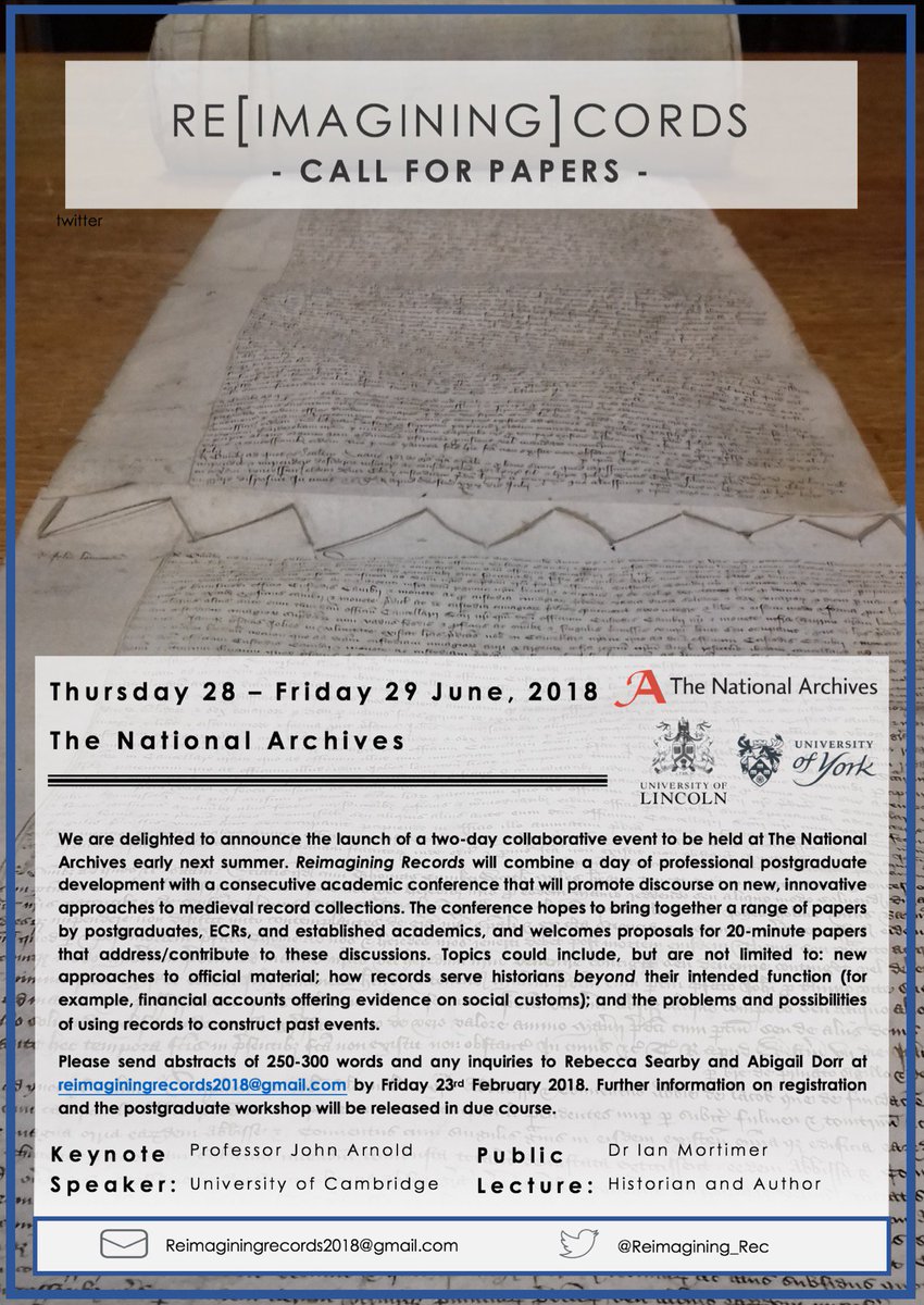 Reimagining_Rec's tweet photo. Just under a month to get your abstract in for Reimagining Records 2018! Keep them coming! 📜 Please retweet #MedievalTwitter #CFP https://t.co/L8cgvK8gKo