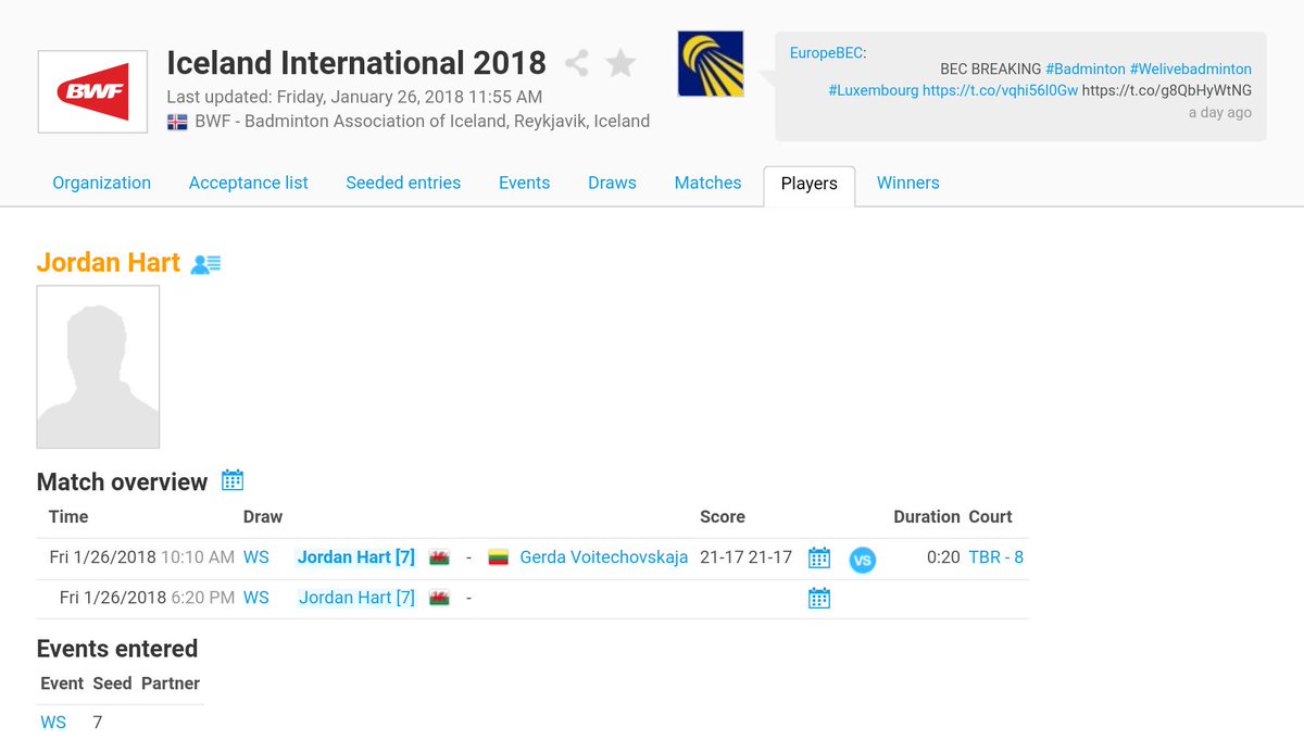 BadmintonWales's tweet photo. RESULTS | The birthday girl has done it! @jordanjanehart wins her first round at the Iceland International and will play again this evening. Keep it up Jordan! #BWevents #BWplayer #BWinternational #BWresults https://t.co/TEF8X81xls