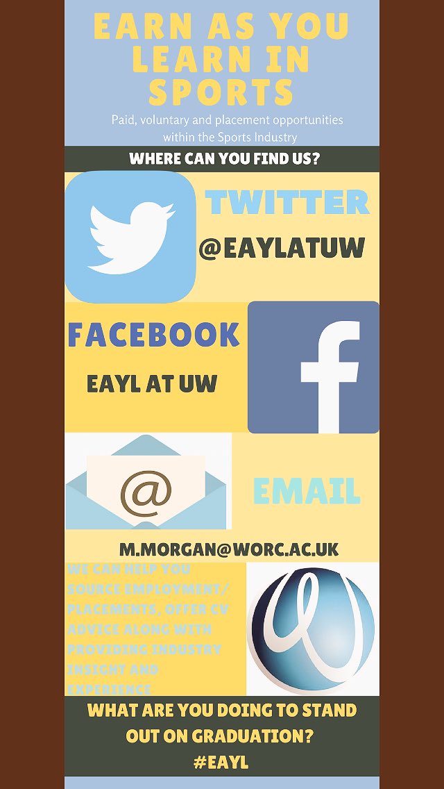 Providing paid and voluntary opportunities for students and graduates of <a href="/worcester_uni/">University of Worcester</a> @WorcesterSU @Official_UWMHC <a href="/WorcUniStudents/">WorcesterUniStudents</a> <a href="/uni_worcrowing/">Uni Worcester Rowing</a> <a href="/DisSportWorcs/">Dis Sport Worcester</a> <a href="/Worc_Badminton/">Worc Uni Badminton</a> @UniWorcISES <a href="/SportsJobFinder/">SportsJobFinder</a> Please RT ⚽️🏈🏉🏀🏏🏑🎾🥅🏸⚾️