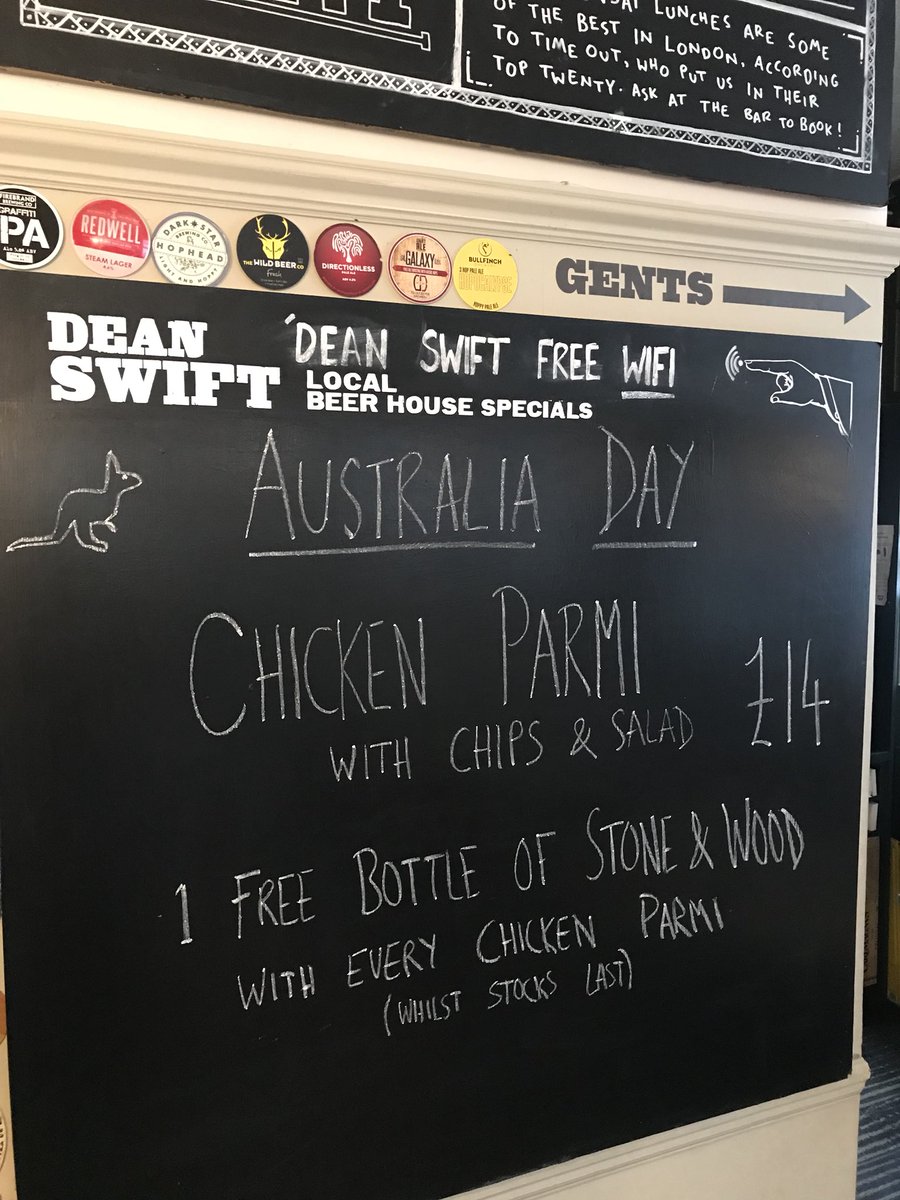 DeanSwiftSe1's tweet photo. It’s #AustraliaDay2018 & we have #freebeer from @stoneandwooduk when you order our #chickenparmi doors open in 15 so get moving. #stonethecrows #struth #Strayaday #gday https://t.co/QaY95eaDTx