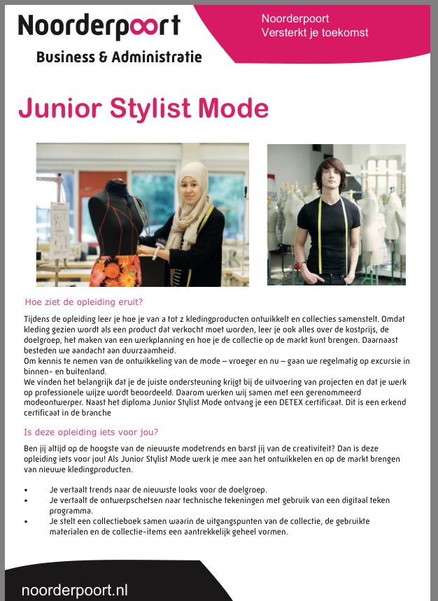 <a href="/NP_BusinessAdmi/">NP_BusinessAdmi</a> start nieuwe opleiding Jr Stylist Mode niv4 #creatief #fashiondesign <a href="/JanBoelo/">Jan Boelo</a> bezoek de Opendagen!