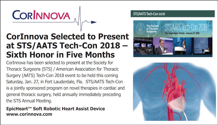 corinnova's tweet photo. #STS2018 #HF #CorInnova #JLABS
CorInnova Selected to Present at “STS/AATS Tech-Con 2018” – Sixth Honor in Five Months. "EpicHeartTM Has Transformative Potential to Quadruple
Patients Eligible for Device Treatment of Heart Failure" https://t.co/rL3M3U5D4R