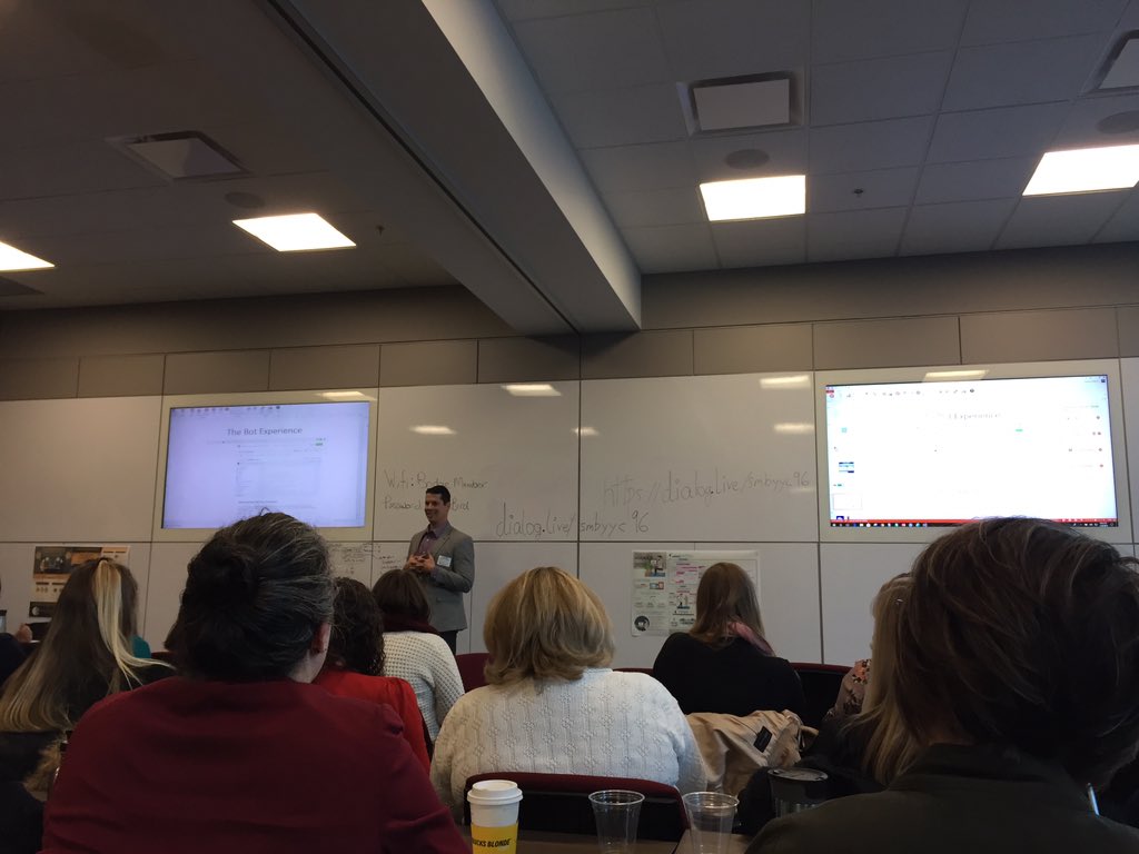 DrMarlee's tweet photo. Learning about #chatbots &amp; wide applicability across industries, this AM with @LongViewSystems at the beautiful @coworkyyc #technologyleap #SMByyc96 https://t.co/kt2EuF2WxN