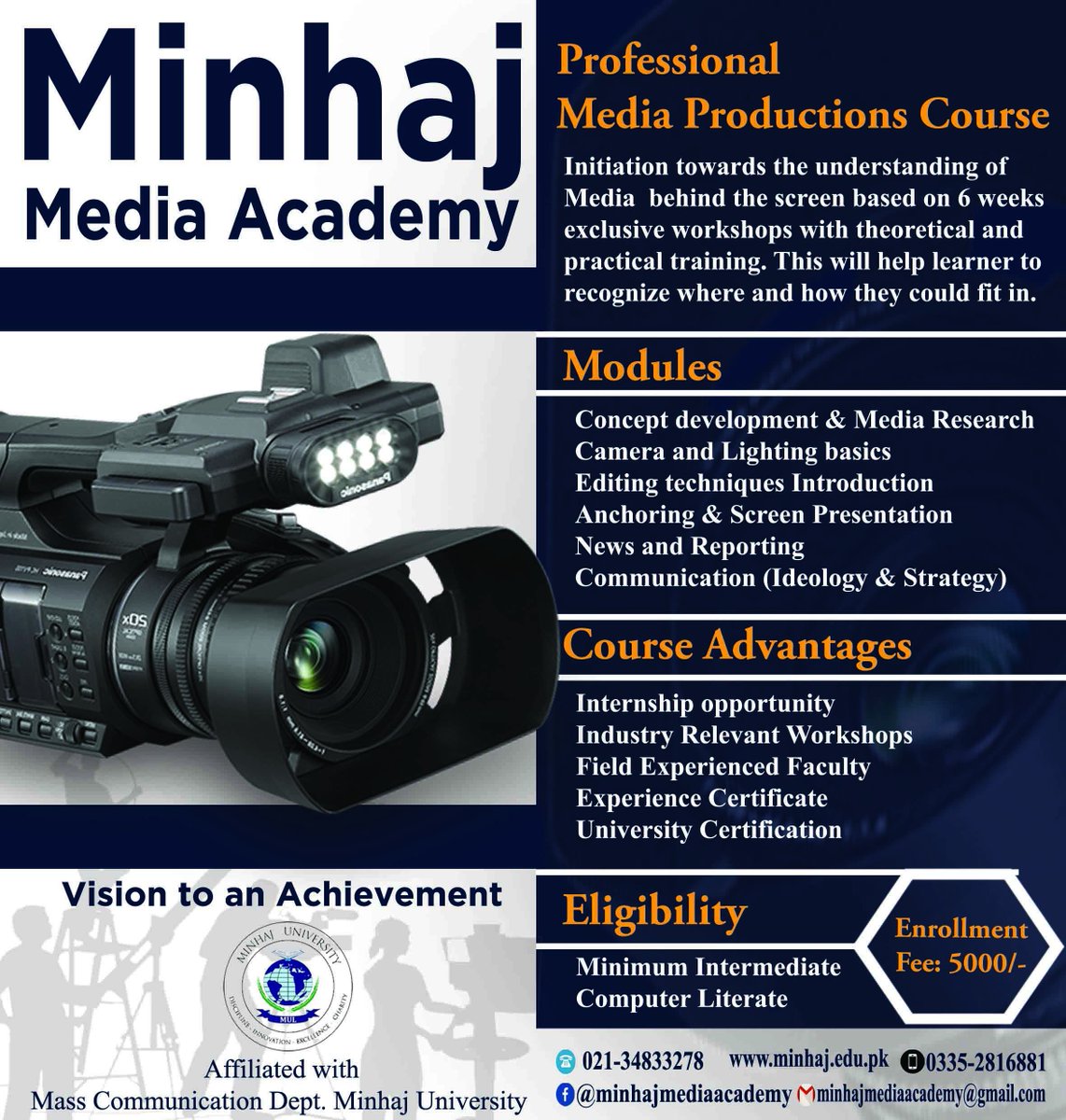 MinhajAcademy's tweet photo. 12th #ProfessionalMediaProductionsCourse
Initiation towards the understanding of Media behind the screen based on 6 weeks exclusive workshops with theoretical and practical training.
Contact: 03335-2816881 #MinhajMediaAcademy #Karachi #Pakistan https://t.co/stHUQZ52y4