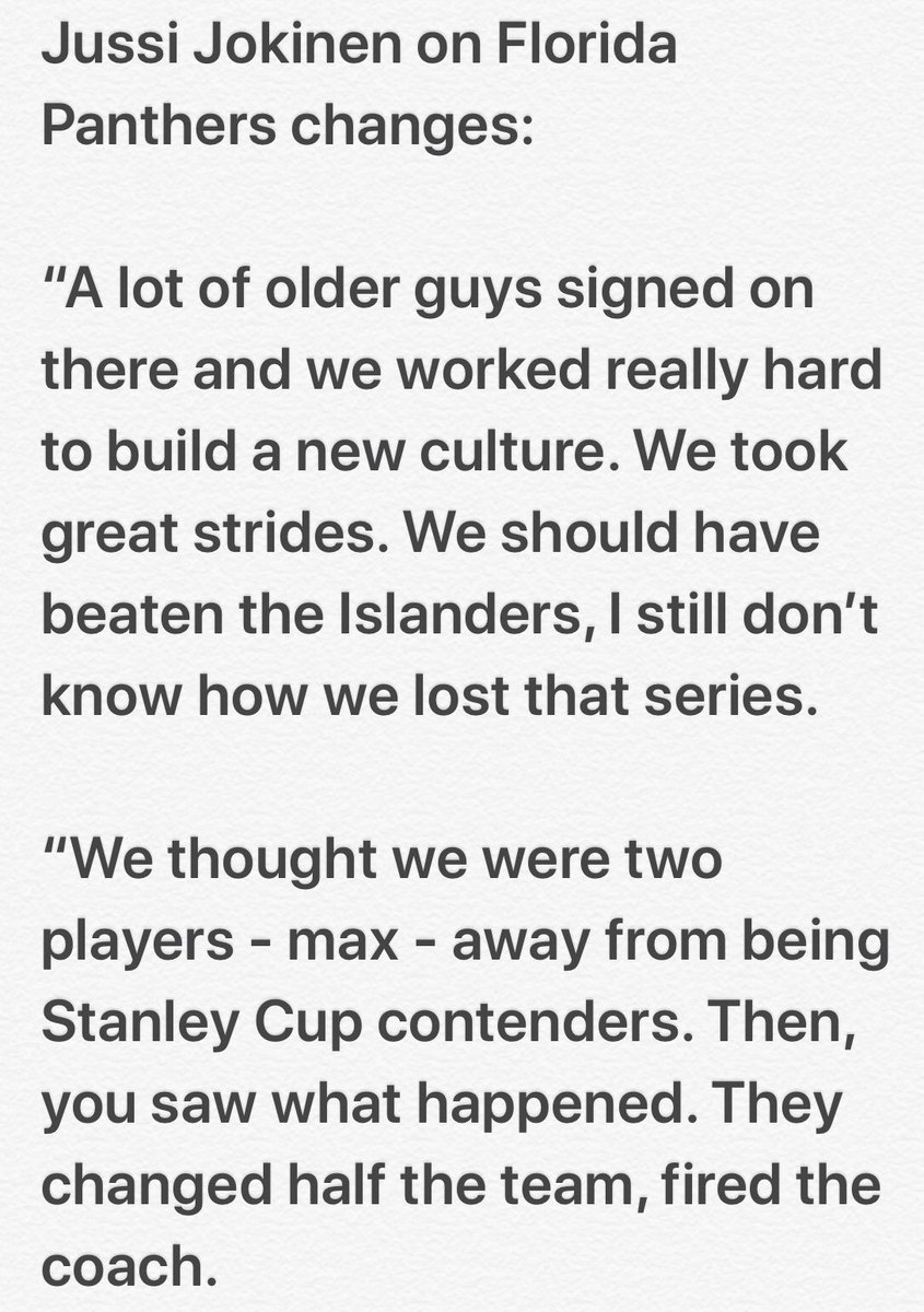 GeorgeRichards's tweet photo. Jussi Jokinen said last year with #FlaPanthers was toughest of his career; said team had so much potential only to have it ‘ripped apart.’ Team went from division champs and playoffs toward bottom of standings. Jokinen was bought out after rough season. https://t.co/8cjhDsgl2h