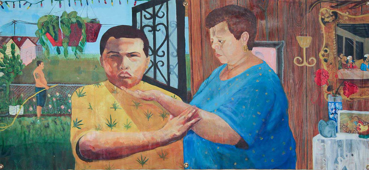 A colorful acrylic painting featuring a boy close to his mother in their home and his father working the background