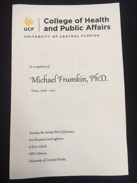 UCF_CCP's tweet photo. @ucfcohpa recognized Michael Frumkin, Ph.D., former Dean with a college-wide celebration. Dean Frumkin was instrumental in the visioning of Center for Community Partnerships and the #CommunityPartnershipSchools model in the pursuit of "Strengthening Communities.  Changing Lives." https://t.co/xvEp8v4cvU