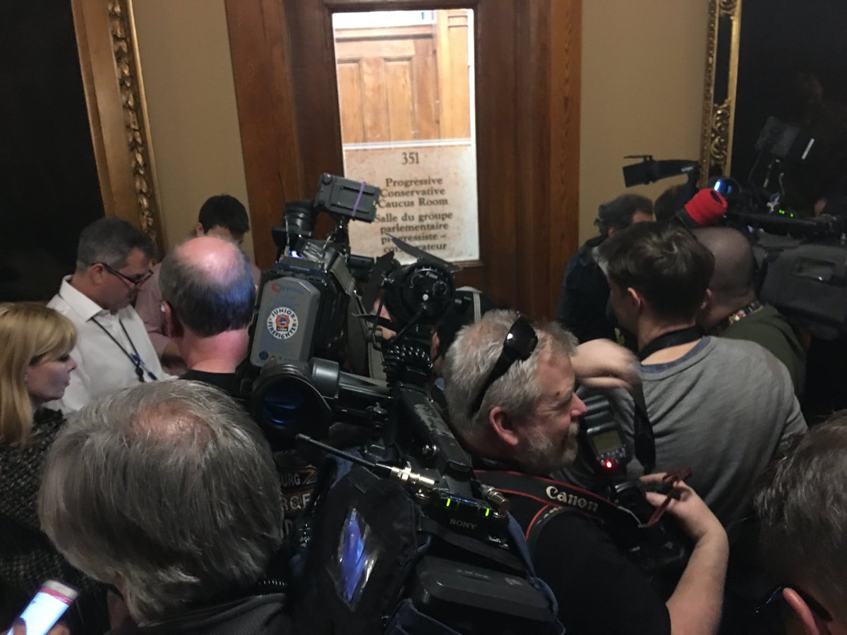 MikeCrawleyCBC's tweet photo. The white smoke is coming out of the chimney. We’re told we will be let into the PC caucus room in a few minutes to see the interim leader. #onpoli #pcpo https://t.co/8ZksOIdBHb