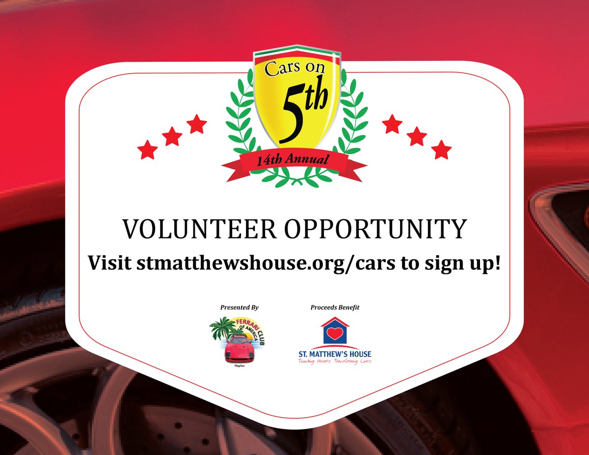 StMatthewsHouse's tweet photo. Ready, Set, Volunteer! We need volunteers for Cars on 5th. The 14th annual Cars on 5th show takes place on February 10th. Sign up today: https://t.co/zQtOox8KDF
#swfl #swflevents #volunteer #carson5th #Ferrari #Porsche #Sportscars https://t.co/olbHSvkP3Y
