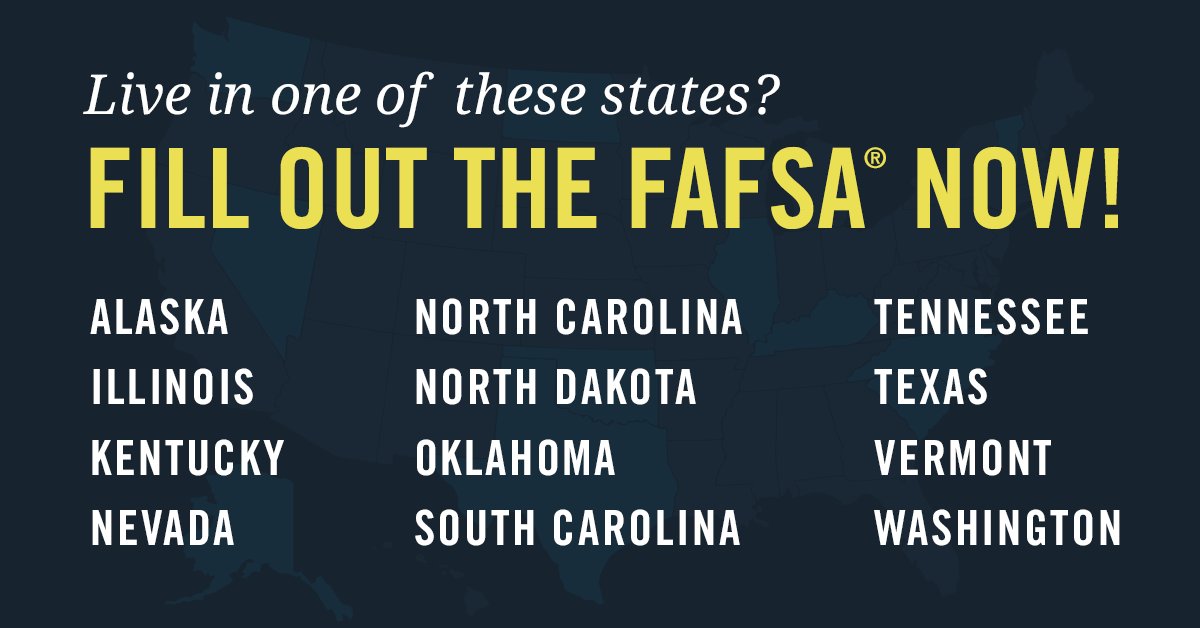 FAFSA's tweet photo. Complete the FAFSA form ASAP before your state's financial aid funds run out! Deadlines here: https://t.co/DBnaUzPeg7 https://t.co/7raiSGH7Pm