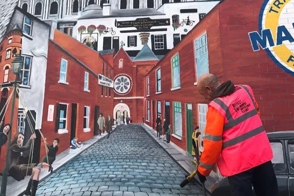 BelfastONEBID's tweet photo. Our @mcqco Belfast One Clean Team in action again today at the phenomenal @Mannys_chips mural #ChapelLane #BankSquare pop round and have a look...better still get a fish and chip whilst there! https://t.co/dqjWXvYzGy