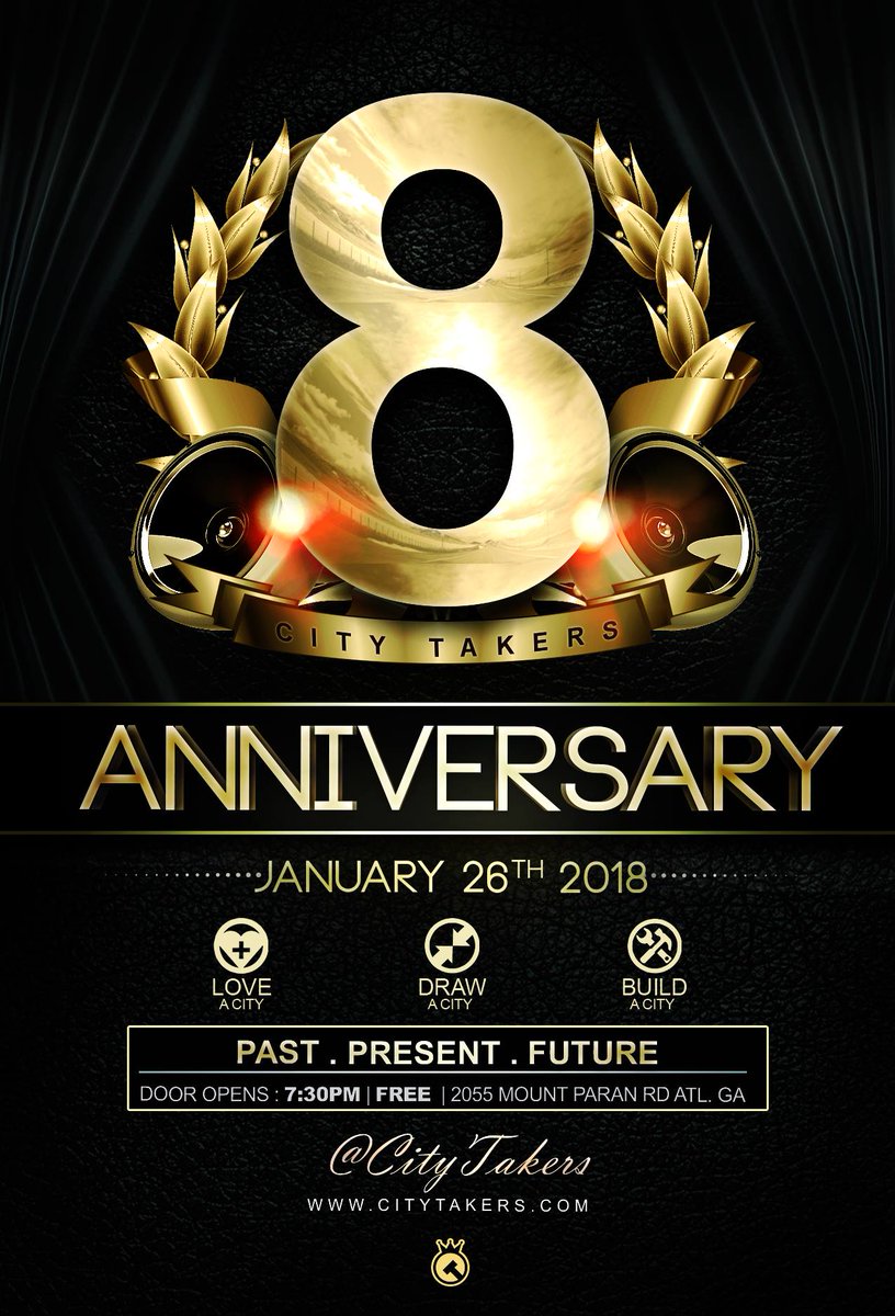 CITYTAKERS's tweet photo. Come celebrate with us! #8YearAnniversary event in the ATL. 
#CityTakers #LoveDrawBuild #NamelessFacelessArmy #TheChurchHasLeftTheBuilding #WeAreTheChurch https://t.co/USVCZu31R3