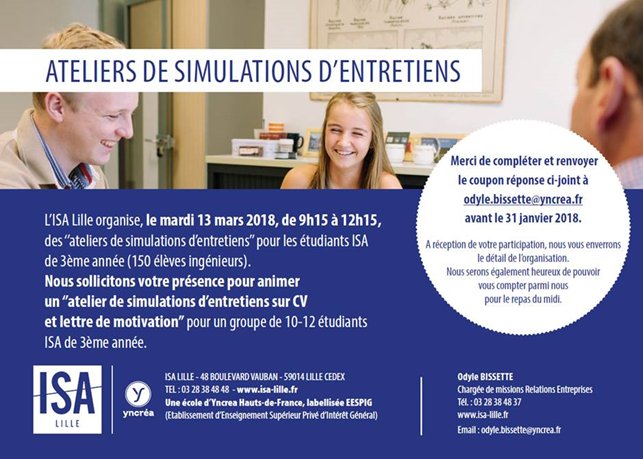 13 mars matin ''atelier de simulations d'entretiens'' pour les étudiants de 3ème année @ISA_Lille