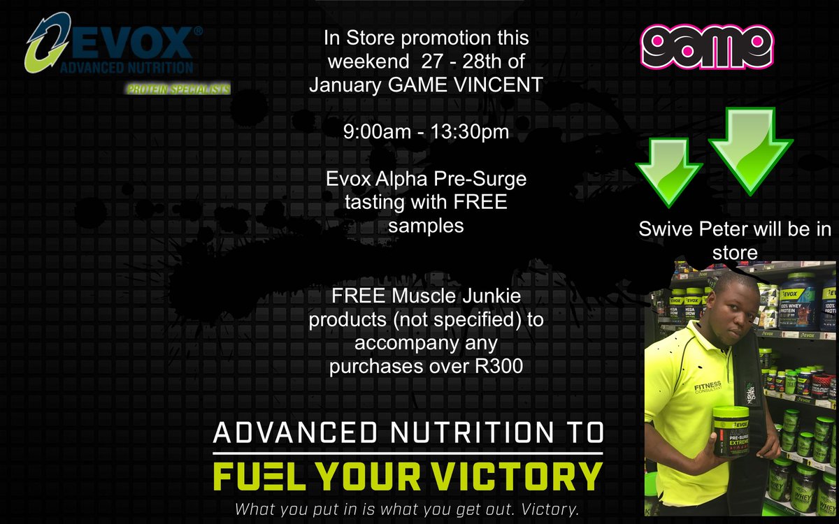 GET TO GAME FOR THIS GREAT PROMOTION HAPPENING AT GAME VINCENT

FROM 27 - 28TH OF JAN

#game #musclejunkie #evox #promotion #fuelyourvictory #youalwayswin #pushyourself

@Game_Stores Game Stores