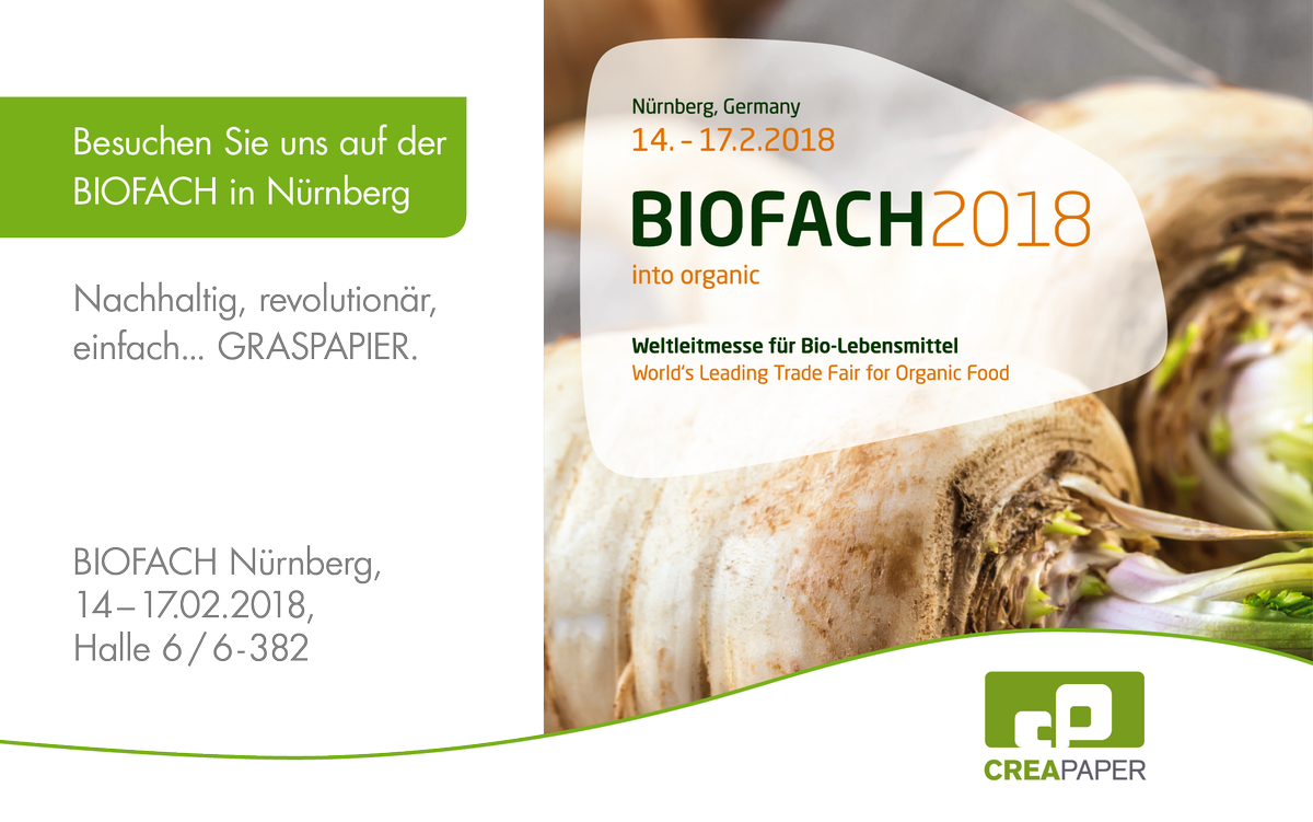 Besuchen Sie uns auf der BIOFACH in Nürnberg. 
Gerne stellen wir Ihnen unser Graspapier und alle damit verbundenen Neuerungen und Einsatzmöglichkeiten speziell für Ihren Bereich persönlich vor.

BIOFACH Nürnberg, 14-17.02.2018, Halle 6 / 6-382

#Biofach #Graspapier #Messe2018