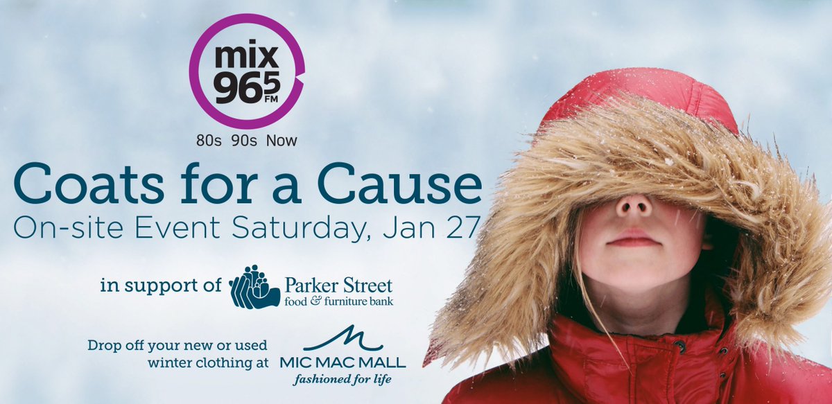 familyfunyhz's tweet photo. Be Awesome. Help keep HRM warm and drop off a coat on Saturday at Mic Mac Mall to 'Coats for a Cause' with Mix 96. #CoatsForACause @micmacmall @Mix965HFX @parkerstreethfx https://t.co/VgiMJp9pfy https://t.co/xFrqNSVMaD