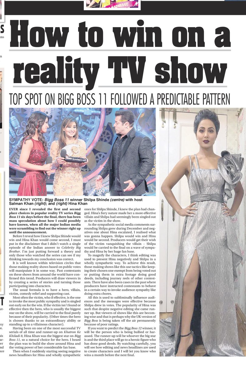 asjadnazir's tweet photo. In my newspaper column today. How to win a reality TV show &amp; how I knew who the top 2 would be in #BiggBoss11 weeks before the final. How to spot #BiggBoss 12 winner.
ONLINE LINK: https://t.co/j4avDuFbSC
#HinaKhan #ShilpaShinde https://t.co/fli7v0rNsJ