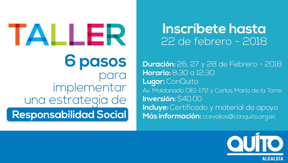 ¿Quisieras aplicar una buena estrategia de Responsabilidad Social Empresarial? ¡Entonces no querrás dejar pasar esta oportunidad!

Ven a ConQuito y conoce los 6 pasos idóneos para implementar una estrategia de RSE socialmente responsable y sostenible por un #QuitoResponsable.