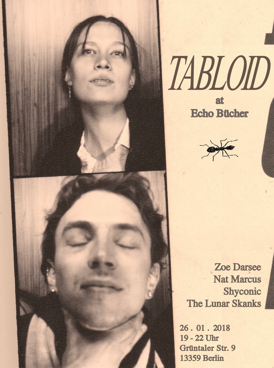 TABLOID Press co-founders Zoe Darsee &amp; Nat Marcus read new and selected poetic works. Tonight 7-10pm facebook.com/events/1798880…