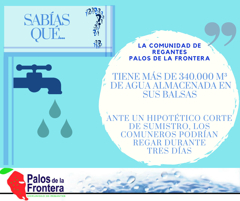 CRPalos's tweet photo. Sabías que...?
La @CRPalos tiene más de 340.000m³ de agua almacenada en sus balsas. Ante un hipotético corte en el suministro de esas balsas, los comuneros podrían regar durante tres días.

#agricultura #regadio #comunidadderegantes #agua https://t.co/ZBgScv1YZu