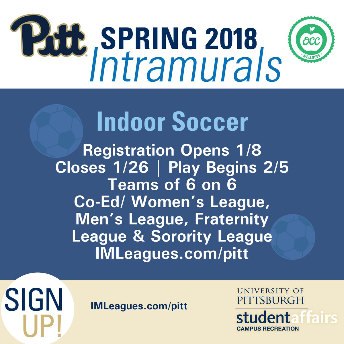 PittCampusRec's tweet photo. TODAY is the last day to register for Intramural Indoor Soccer! Get your team signed up by 5pm at https://t.co/oG8O3w4tZi! #intramurals #soccer #pittrec https://t.co/E2BtxieJ7X
