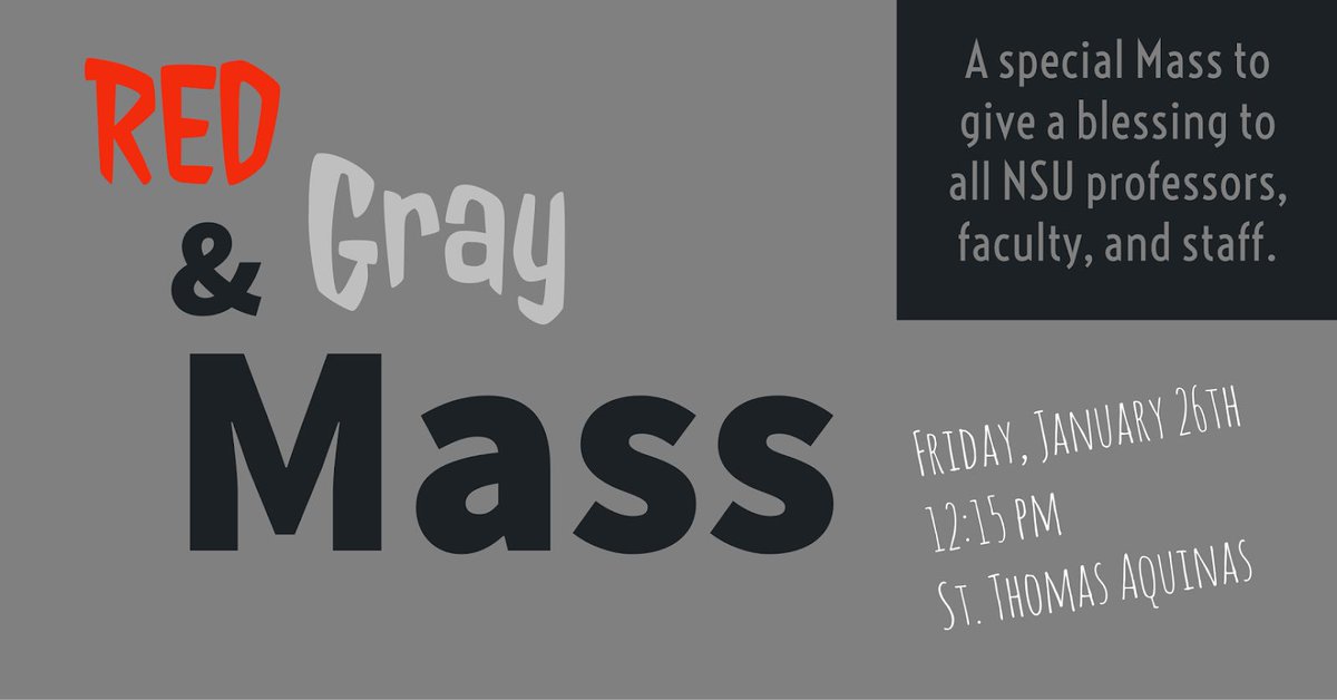 ColonelCatholic's tweet photo. Attention @NichollsState students, faculty, and staff: With the start of a new semester, come receive a special blessing at our Red &amp; Gray Mass today at 12:15! https://t.co/K9eDU7rw90
