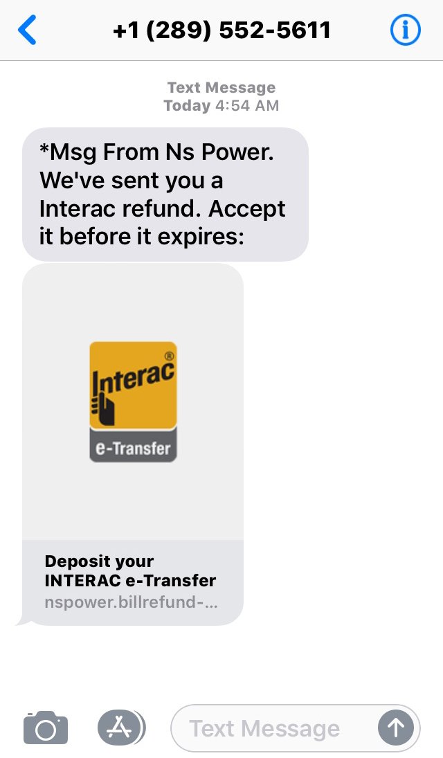 nspowerinc's tweet photo. A text message is circulating where a fraudulent message is delivered claiming that a refund is being issued by NSP. This message is not from us. If a recipient has clicked on the link, it’s best that they contact their financial institution immediately. https://t.co/4xafCHnw7Z https://t.co/BXM4Q4ihiZ