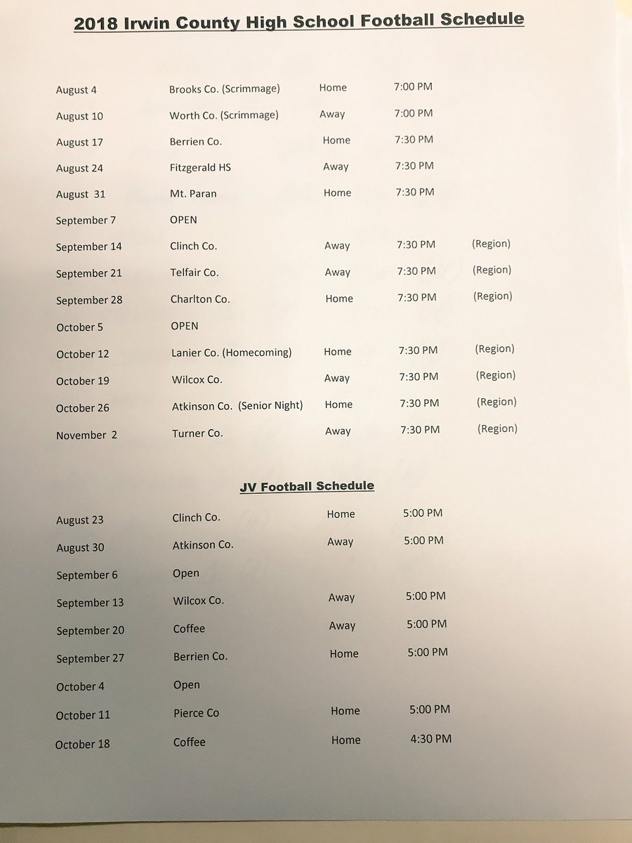 IrwinCoFootball's tweet photo. 2018 Irwin Co Football Schedule #getoffthemat #goindians https://t.co/Y1CrINnQLv