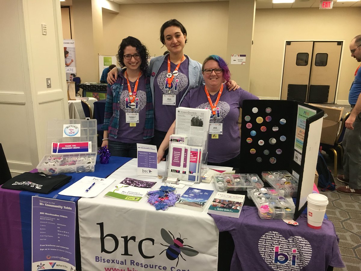 BRC_Central's tweet photo. Visit the bi+ table in the vendor exhibit room downstairs at #CreatingChange2018. Lots of great buttons, stickers, books and more! #bipride #bivisibility https://t.co/I5sNBDXV0o