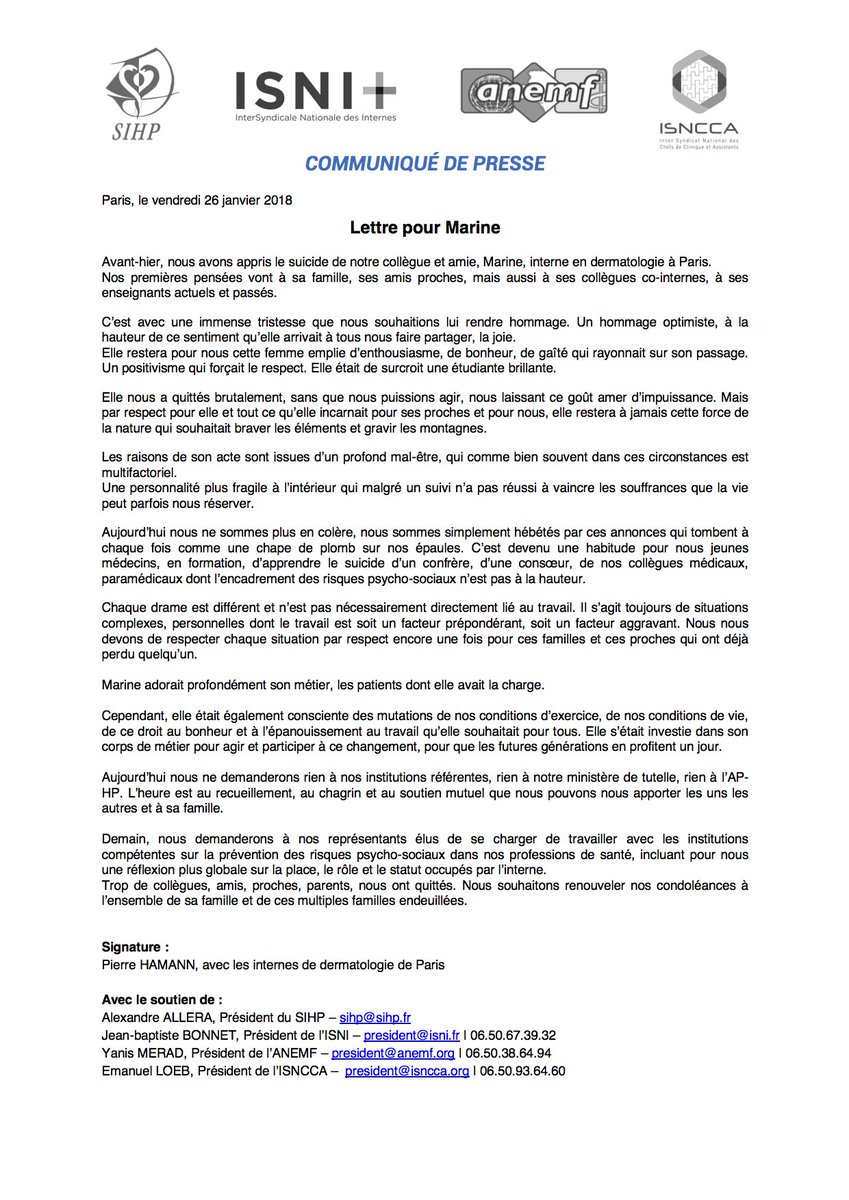 Communiqué de presse : Lettre pour Marine <a href="/SIHParis/">SIHP</a> <a href="/ANEMF/">ANEMF</a> @ISNCCA