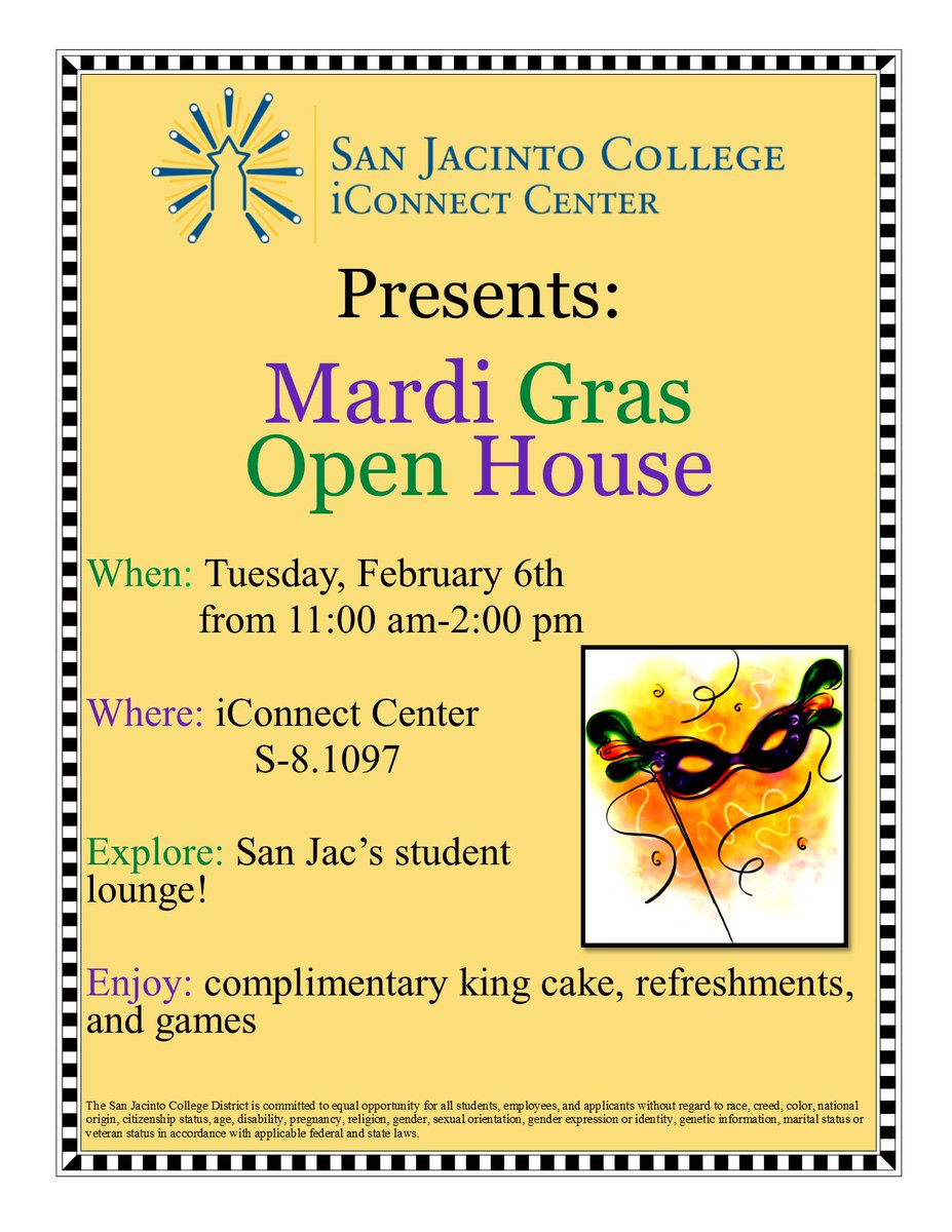 SJCDCollegePrep's tweet photo. Join us @SanJacCollege South Campus for our Mardi Gras Open House at our iConnect Center. Feb 6th https://t.co/7sHvQqWYzw