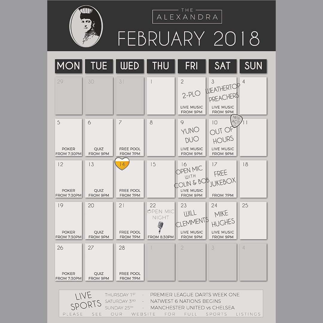 What's On at The Alex in February 🍺🏉🎵🎱 ⚽️♥️  #WhatsOn #February #Natwest #SixNations #Rugby  #Farnborough #LiveMusic #Quiz #Poker #FreePool #LiveSports #FarnBiz