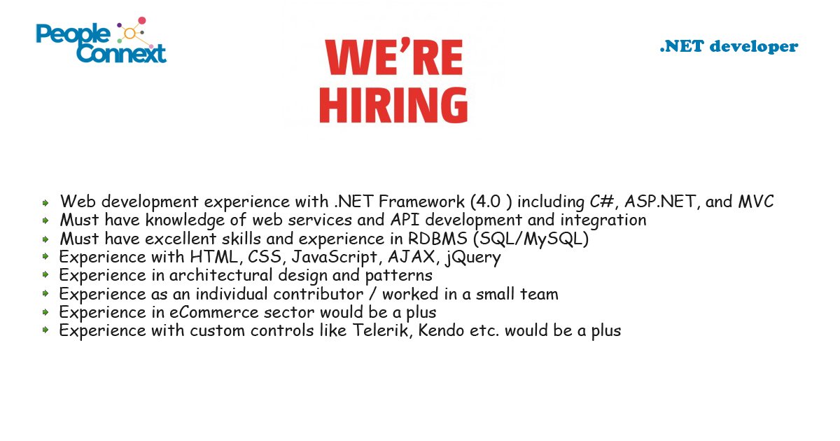 PeopleConnext's tweet photo. We are hiring for one of our clients, a talented .NET developer to join #ApplicationsDevelopment Group to help drive new ideas and features for their product management and strategy and deploying customized solutions to their clients. https://t.co/IMr3LjZcWW