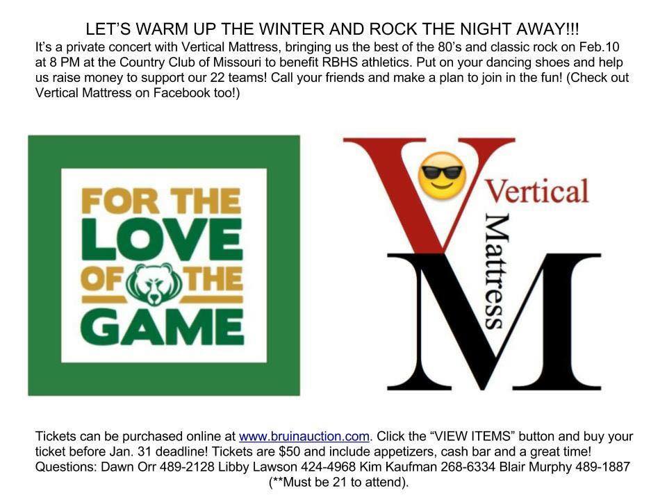 Vertical Mattress is playing a benefit concert for Rock Bridge Athletics on Friday, Feb 10 at 8:00 pm at the event center at Country Club of Missouri. Hope to see you there!
