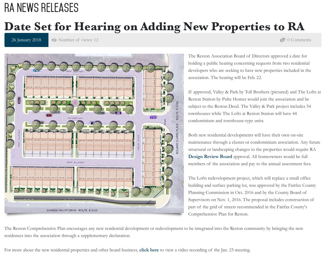 The Reston Association Board of Directors approved a date for holding a public hearing concerning requests from two residential developers who are seeking to have new properties included in the association. Details: bit.ly/2Fjz4Eo #Reston #development