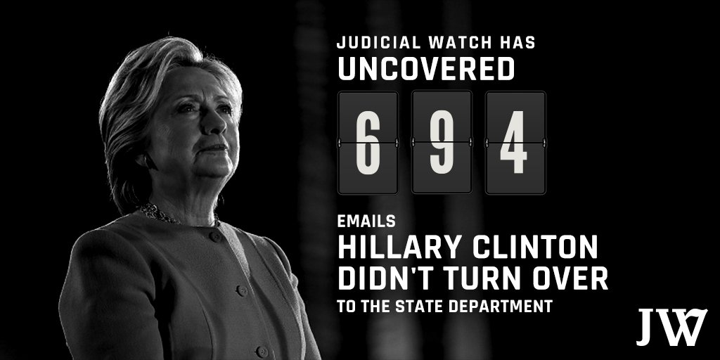 JudicialWatch's tweet photo. Hillary Clinton tried to hide her emails & knowingly violated laws protecting classified information. Judicial Watch has thus far uncovered 694 emails that Hillary Clinton failed to turn over to the State Dept as required. When will DOJ act? Learn more: https://t.co/NjZS8vxGAX https://t.co/FymErUoW6j