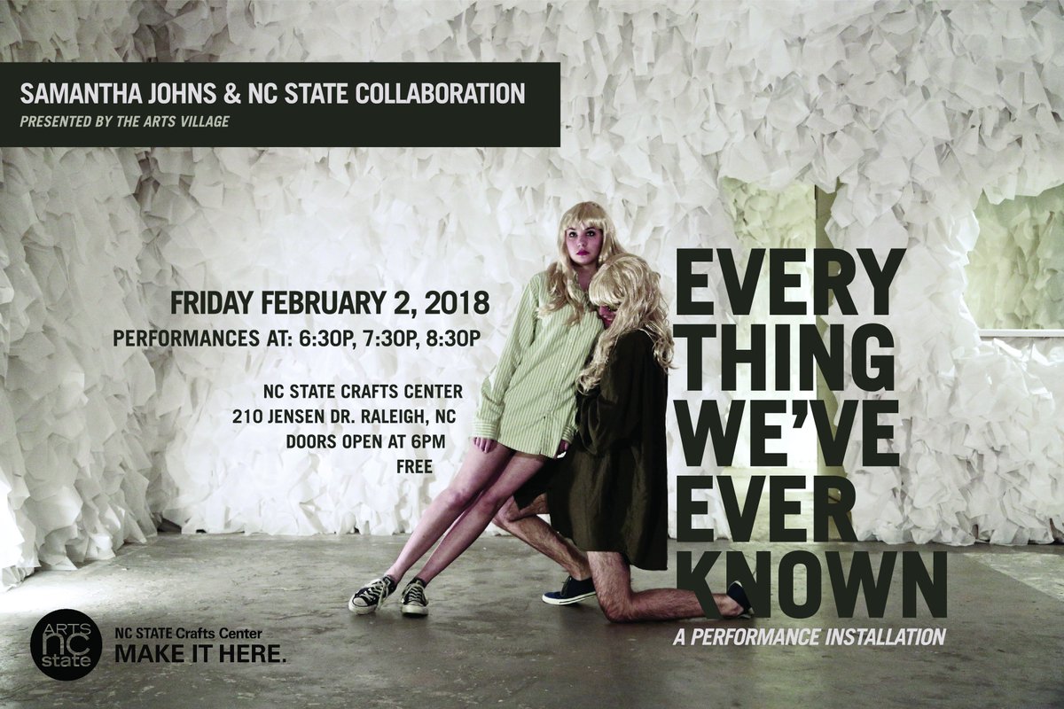 The Arts Village artist in resident, Samatha Johns, will open her new show at the Crafts <a href="/TheCraftsCenter/">NC State Crafts Center</a> next Friday. Please spread the word! #performanceart facebook.com/events/2021463…
<a href="/FirstFridayRal/">First Friday Raleigh</a> @RaleighArts @NCState_DASA <a href="/NCStateDesign/">NC State College of Design</a> @NCStateTextiles <a href="/NCSUTheatre/">NCSU Theatre</a>