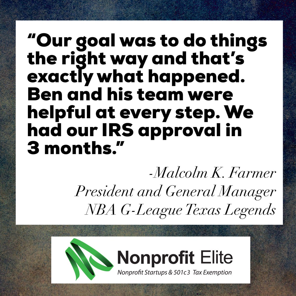 NonprofitElite's tweet photo. We are thankful for amazing clients like the @TexasLegends.  We’re proud of our exceptional client loyalty, as well as our 100% IRS Approval Rate.  

#nonprofitelite #nonprofits #501c3 #501c3startup #501c3nonprofit #nonprofitconsulting #nonprofitsetup #texaslegends https://t.co/EWRarurDuP