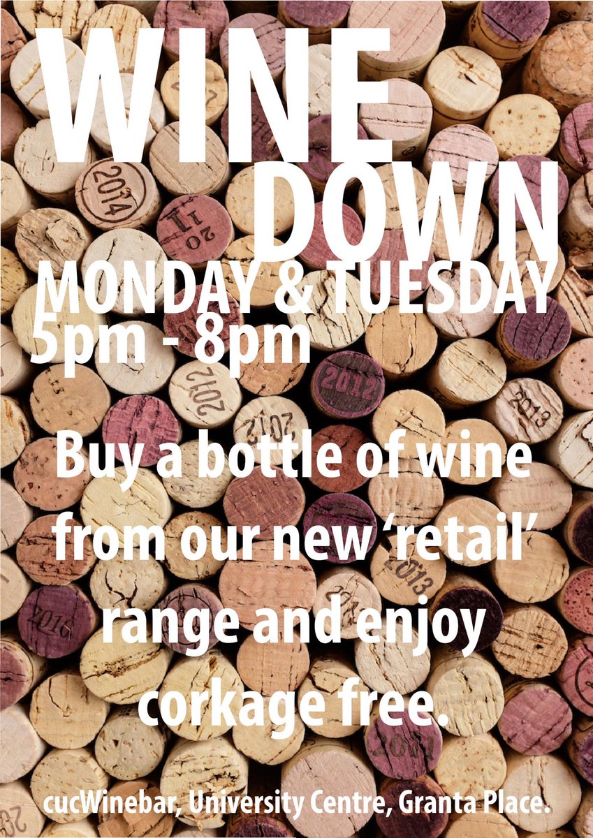 cucwinebar's tweet image. Great new offer!! WINE DOWN Monday and Tuesday. We have a special selection of ‘retail’ wines that will be available corkage free - up to £10 off our usual bar prices. Come corkers in here. Come an down and drink in or take away.