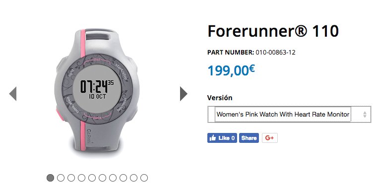 Me fastidia mucho la venta sexista que hace <a href="/Garmin/">Garmin</a> <a href="/Garmin_Iberia/">Garmin Iberia</a> con su Forerunner 110: negro/rojo para hombre, gris/rosa para mujer y gris unisex. ¿Y si yo prefiero el rosa y mi mujer el rojo? #fail