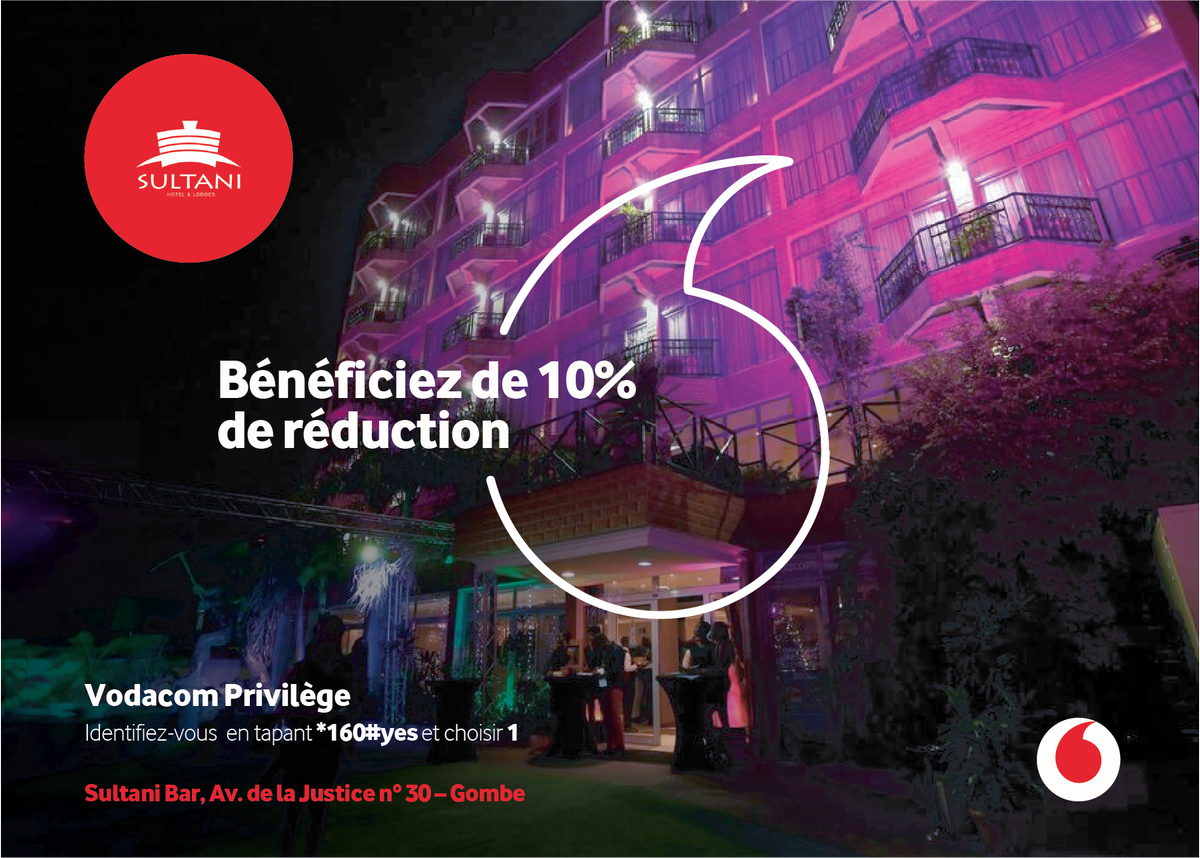 Vodacomcongo's tweet photo. Sultani Bar vous offre une remise de 10% pour chaque consommation. Une offre exclusive au Club Privilège de Vodacom. 
#VodacomPrivilege #ClubPrivilege #Sultanihotel https://t.co/A6lQnNGgN3