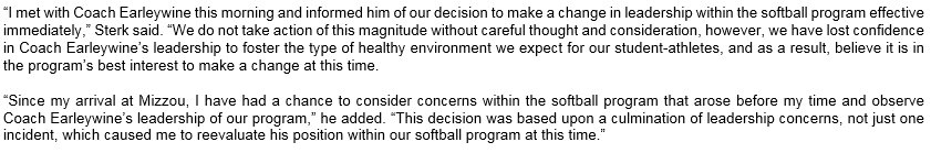 MizzouAthletics's tweet image. NEWS | @MizzouSoftball&apos;s Ehren Earleywine Relieved of Coaching Duties 

🔗 bit.ly/2EdMLWm

Statement from #Mizzou AD Jim Sterk below: