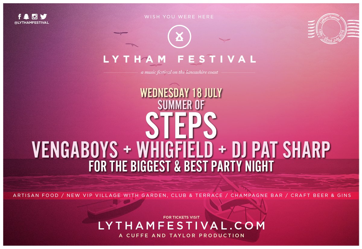 LythamFestival's tweet photo. Ready to party? Opening LF2018 is Steps, joined by Whigfield and Vengaboys for the ultimate Pop Party on Wed 18 July. 5…6…7….8

Wish you were here : https://t.co/Fx37erLjJN https://t.co/vqE3IWZcEz