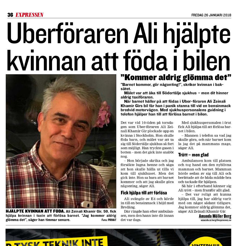 Ali, du är en sann hjälte! 🙏 “Uberföraren Ali hjälpte kvinnan att föda i bilen” – Läs artikeln på Expressen.se → t.uber.com/var-hjalte