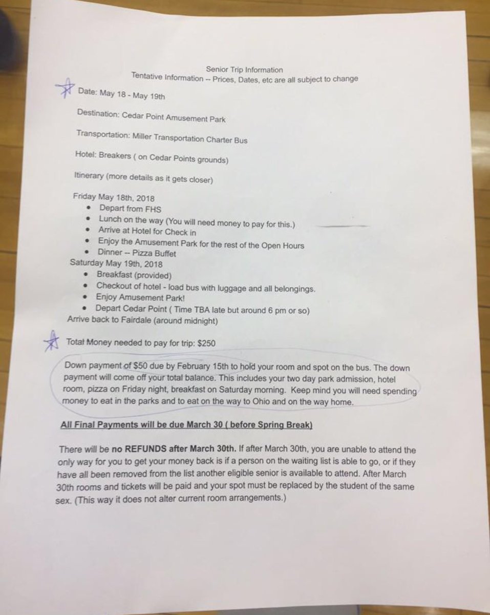 fhs2018_class's tweet photo. If you missed the Senior meeting today here is some information on our Senior Trip!!! If you are interested in going please stop by Mrs. Duvall's room and let her know! The cost to go is $250.00 you have to have your down payment of $50.00 by February 15th! Spread the word Dawgs! https://t.co/cy3MRFeLlU