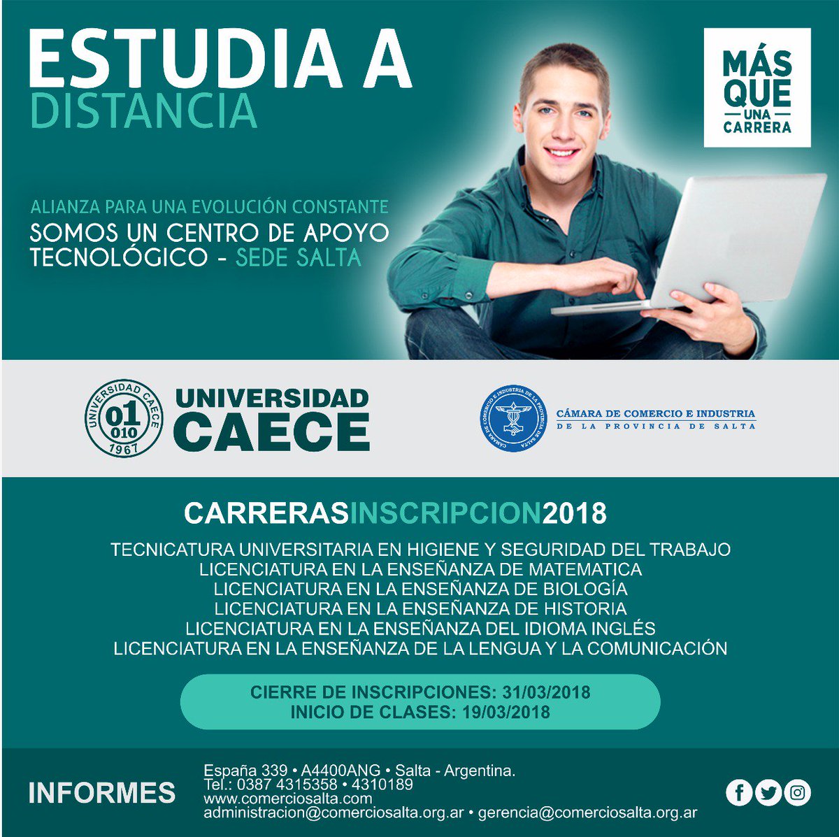 ComercioSalta's tweet photo. #Salta #ComercioSalta #Capacitacion ¡ESTUDIA A DISTANCIA! En este 2018 elegí una carrera. Ingresa en https://t.co/QCVFc2lNpG
#Universidad #UCaece https://t.co/30CIEiAcyH