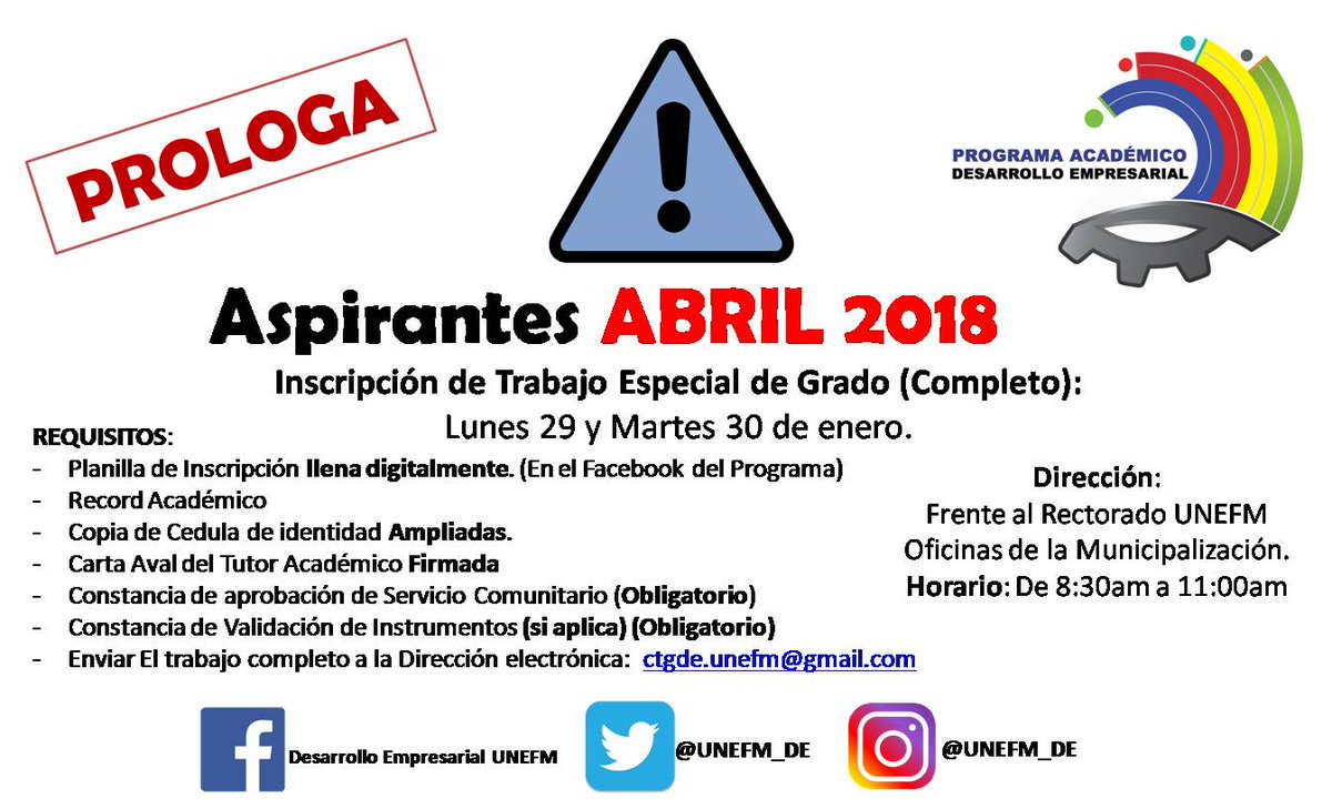 UNEFM_DE's tweet photo. #Prologa Inscripciones de TEG (COMPLETA) . Aspirantes a acto en ABRIL 2018 https://t.co/xY8gXyzTRr