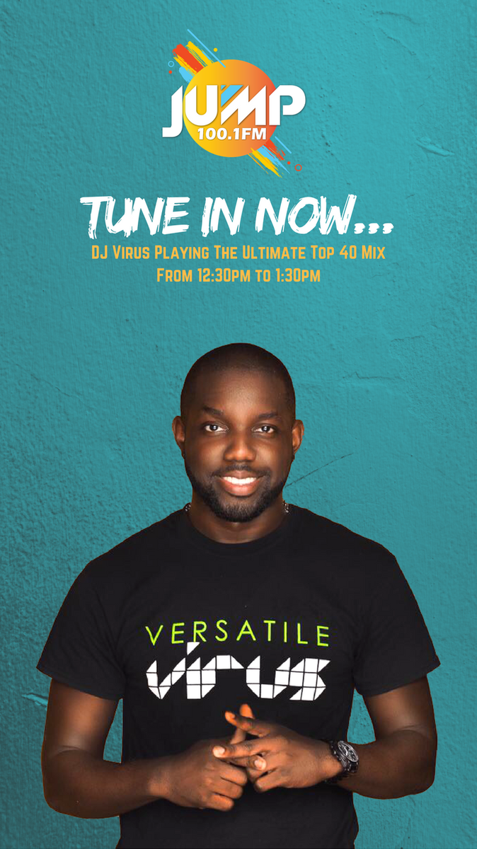 Jump_268's tweet photo. @versatilevirus is LIVE on #JUMP100FM playing the hottest #Top40 mix from 12:30pm to 1:30pm. Tune in now or live stream it at https://t.co/fwLjYFnClb! π£ π» π‘ πΆ π π΄ π¦π¬ #NowPlaying #Antigua #Jump268 #JumpFM #DJVersatileVirus #AntiguaBarbuda #100FM https://t.co/7Plo4Jge4N